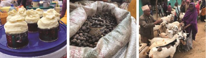 Left to right: Butter, coffee and livestock for sale at the local market in Moyale, Ethiopia