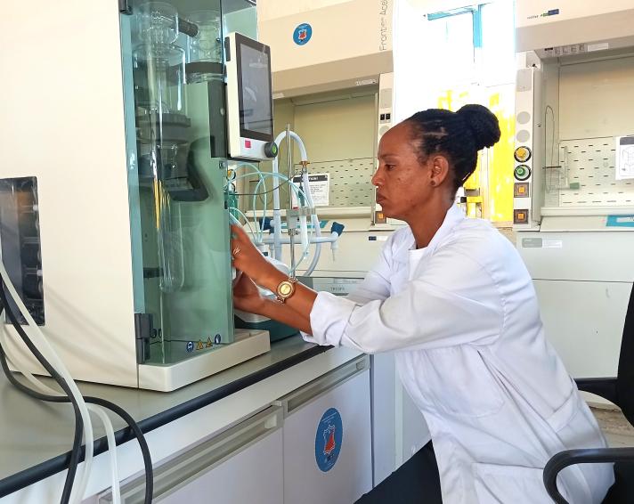Maereg Haile, Head of Modjo Satellite Laboratory established with the support of the project to serve the tanneries cluster based in Modjo City, working in the laboratory. ©UNIDO