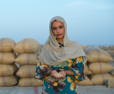 Shiraz, holding freshly picked sesame seeds and standing before sacks harvested from her sesame farm. Credit: European Union Delegation to Sudan, 2025