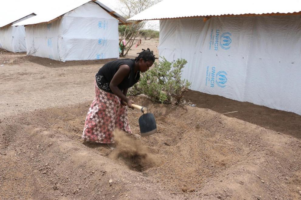 Ishara Baraka, a refugee from the Democratic Republic of Congo, prepares a garden behind her house in Kalobeyei settlement in northern Kenya. @WFP/Martin Karimi. Ishara Baraka, a refugee from the Democratic Republic of Congo, prepares a garden behind her house in Kalobeyei settlement in northern Kenya. @WFP/Martin Karimi.
