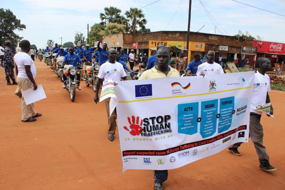 Campaigns, such as this march in Yumbe in Uganda’s West Nile region, help create awareness among communities and individuals at risk of becoming victims of trafficking
