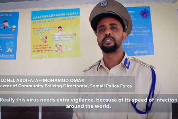 Colonel Abdifatah Mohamud Omar, Director of Community Policing Directorate, Somali Police Force, delivers a public service announcement to the Somali people on prevention and protection measures against COVID-19.